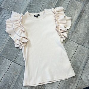 Express Top Ribbed Ruffle Sleeve lt Beige Size: M